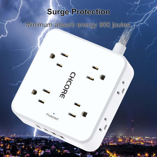 Surge Protector Power Strip - CHCORE 5Ft Braided Extension Cord with 8 Outlets with 4 USB (2 USB C) Charging Ports, Flat Plug Multi Plug Outlet