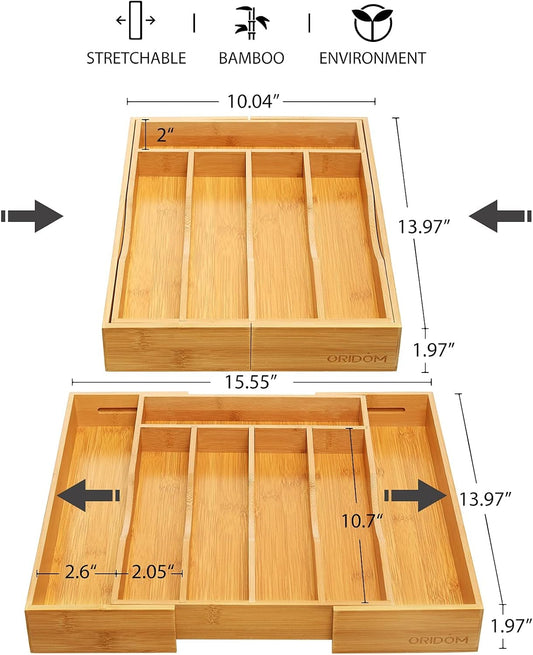 Expandable Bamboo Kitchen Drawer Organizer for Cutlery and Utensils, Adjustable Bamboo Wood Cutlery Tray in Drawer for Flatware and Silverware in