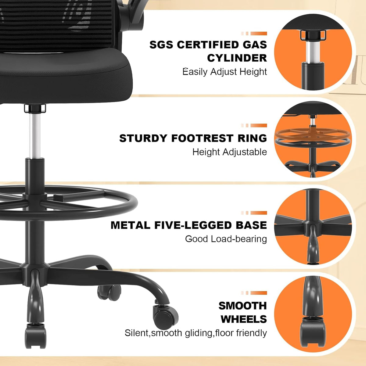 Ergonomic Drafting Chair, Tall Office Chair with Flip-up Armrests, Breathable Mesh High Desk Chair with Lumbar Support Adjustable Footrest Ring for