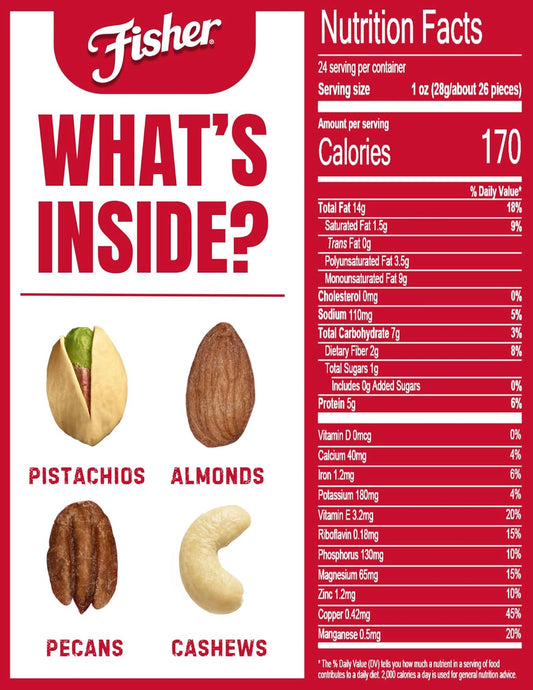 Fisher Oven Roasted Never Fried Deluxe Mixed Nuts, 24 Ounces (Pack of 1), Almonds, Cashews, Pecans, Pistachios, Healthy Snacks for Adults, Made With