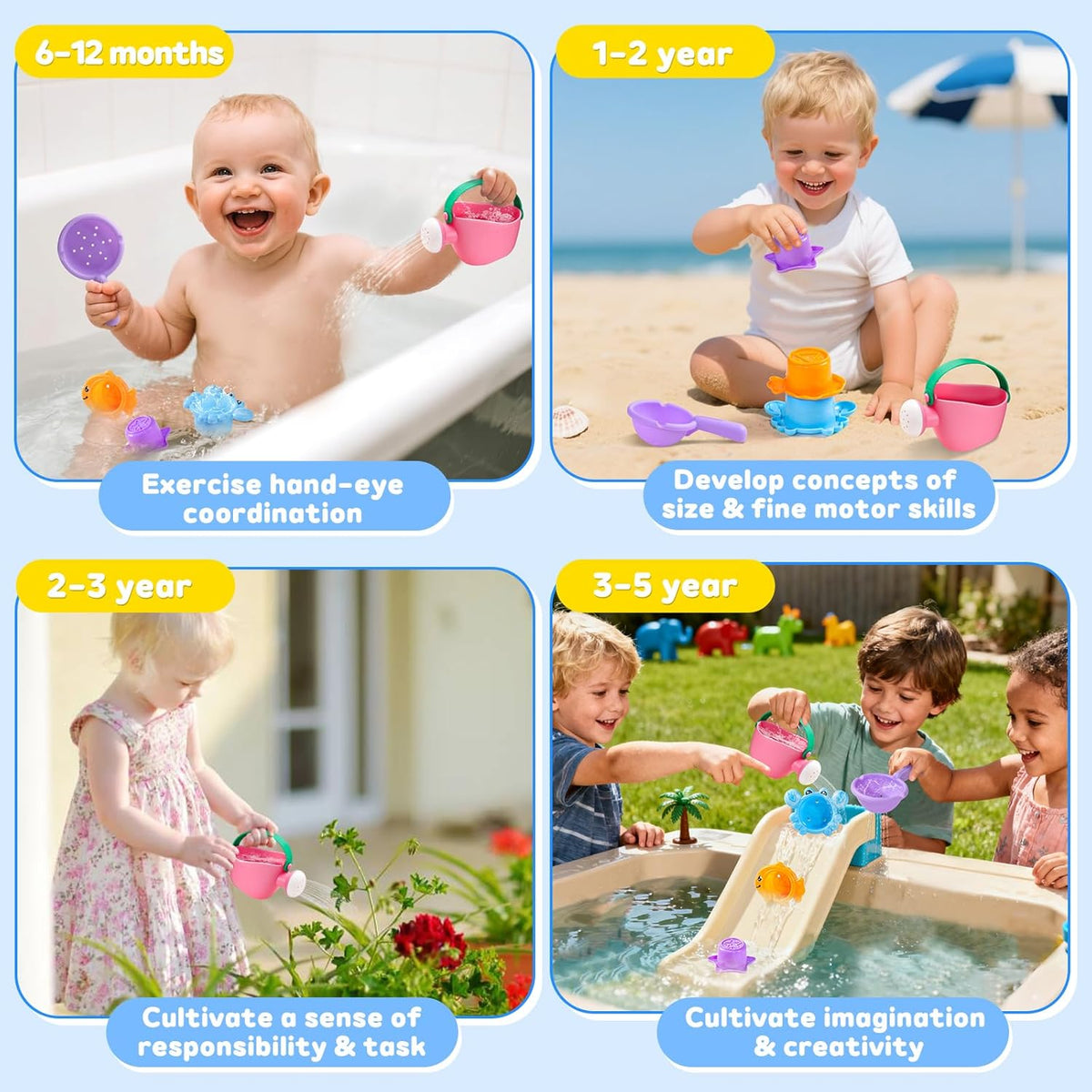 Fajiabao Baby Bath Toys for Kids Ages 1-3 Toddler Bath Toys Mold Free for 2-4 Bathtub Sand Beach Pool Water Toys for 1+ Year Old Girl Gifts 5 PCS
