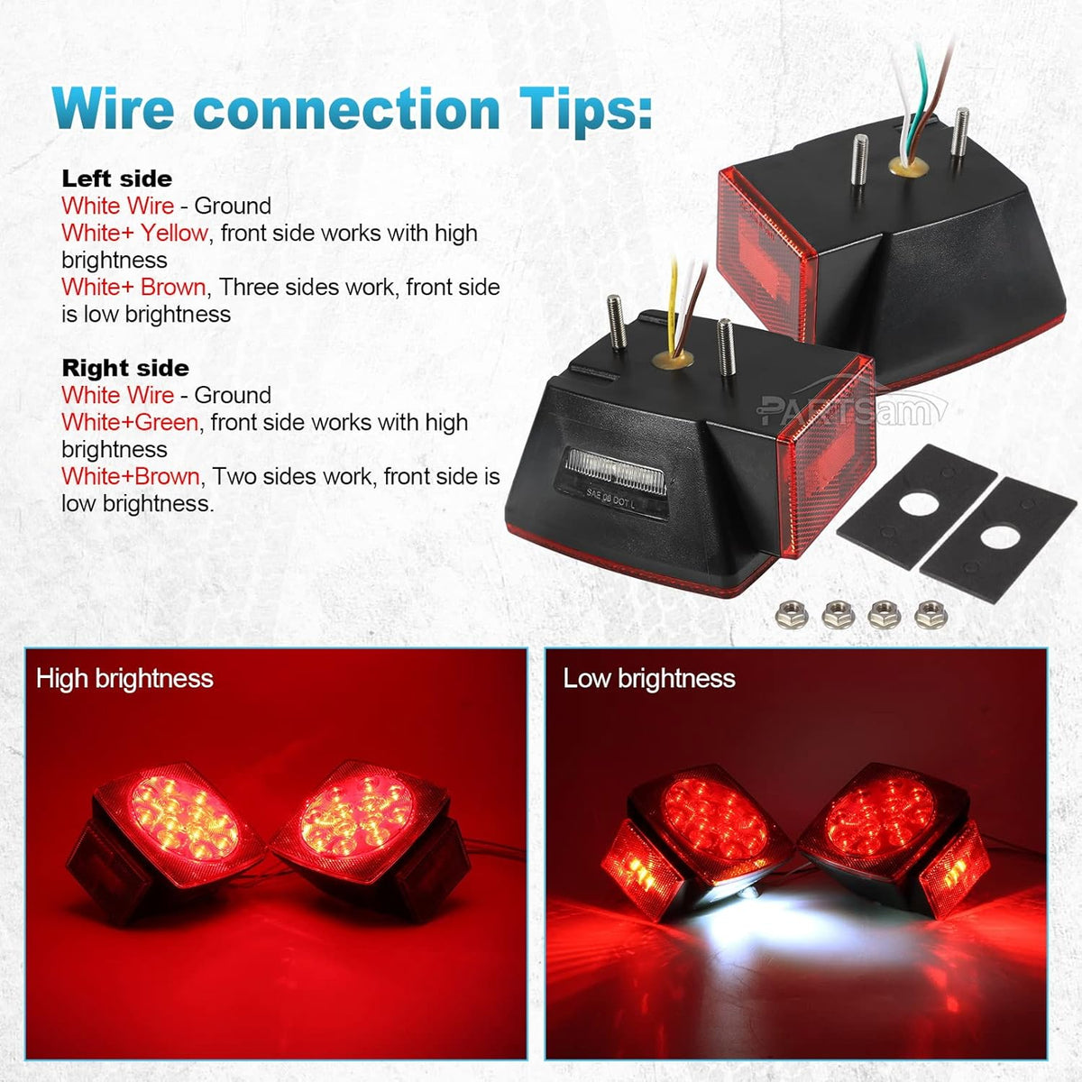 Partsam 12V Submersible Square Led Trailer Light,Red White LED Stop Turn Tail License Brake Running Light Lamp for Trailers Under 80" Boat Trailer