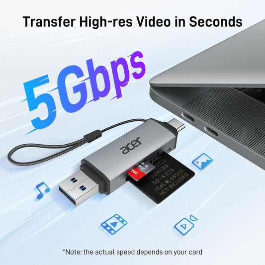 acer SD Card Reader USB C, Dual Slots USB 3.0 Type C to Micro SD Card Adapter, Memory Card Reader for MicroSD, SDHC, SDXC, Compatible with Laptop