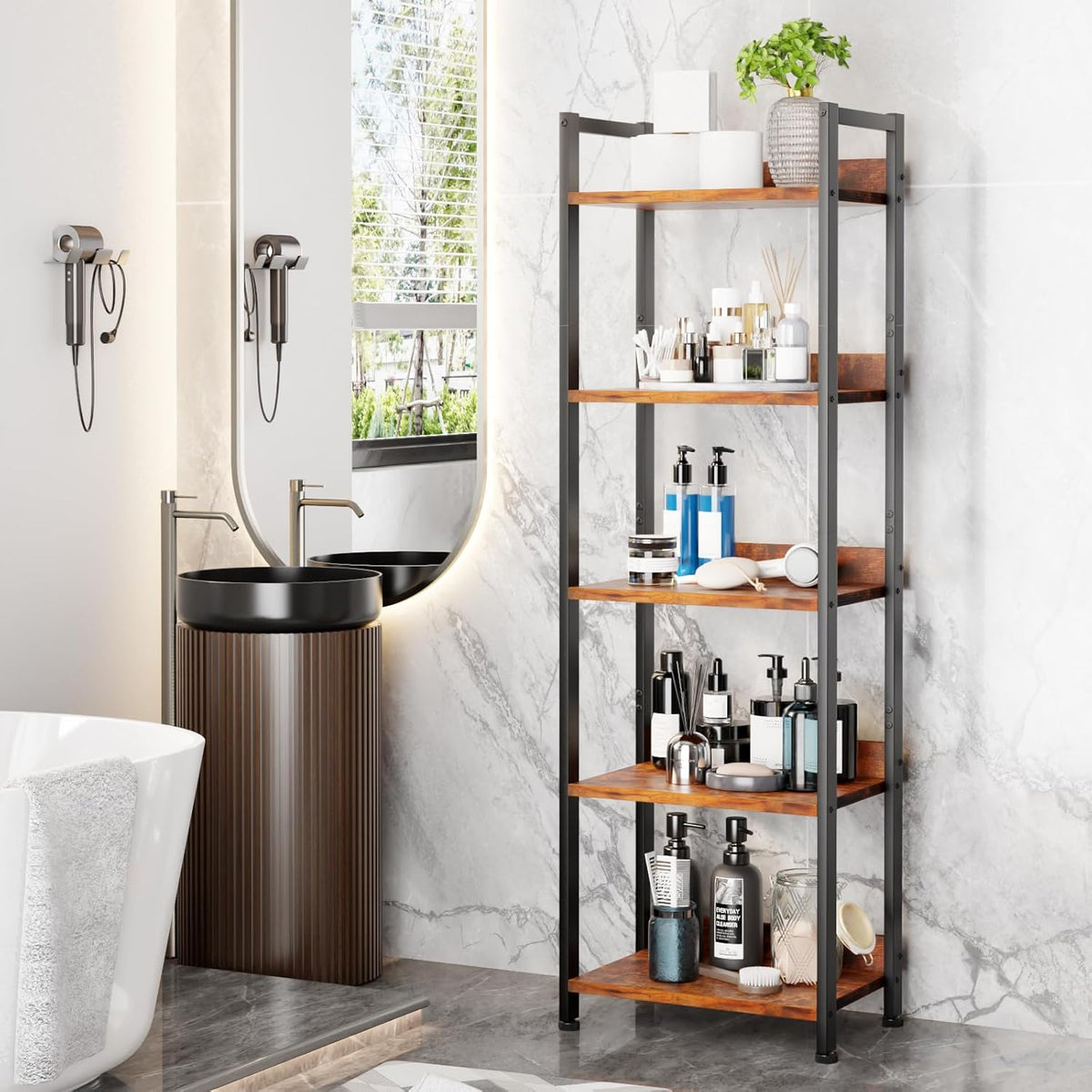 Furologee 5 Tier Bookshelf with Drawer, Tall Narrow Bookcase with Shelves, Wood and Metal Bookshelves Storage Organizer, Industrial Display Standing