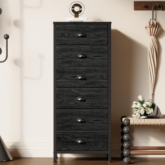 Furnulem Tall Dresser with 6 Drawers,Vertical Bedside End Table & Chest for Bedroom,Black Storage Tower Dorm Nightstand with Fabric Drawer Organizer