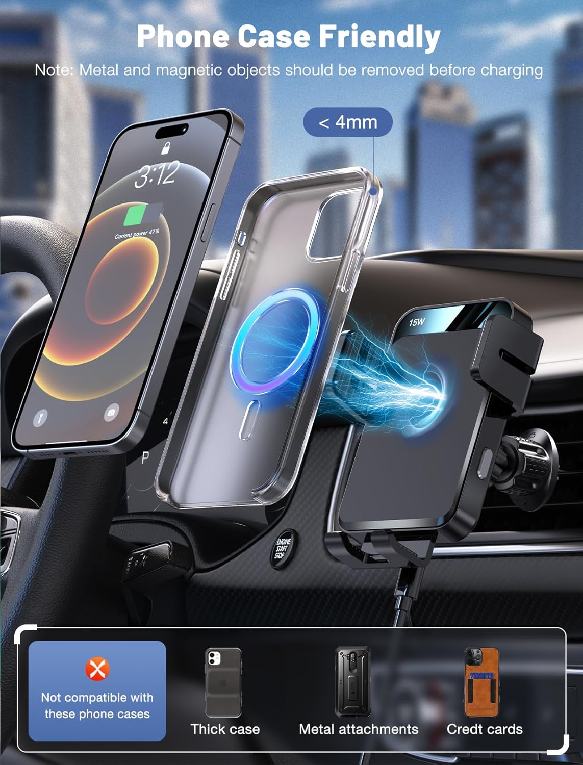 Wireless Car Charger, MOKPR Auto-Clamping Car Mount 15W/10W/7.5W Fast Charging Air Vent Car Phone Mount Compatible with iPhone 15/14/13/13 Pro/12 Pro