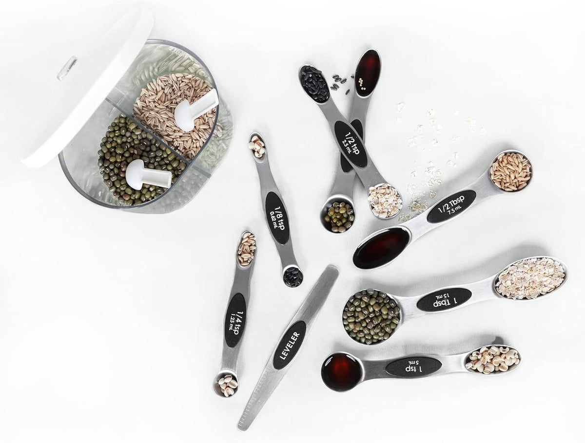 Magnetic Measuring Spoons Set Stainless Steel with Leveler, Stackable Metal Tablespoon Measure Spoon for Baking, Cups and Spoon Set Kitchen Gadgets