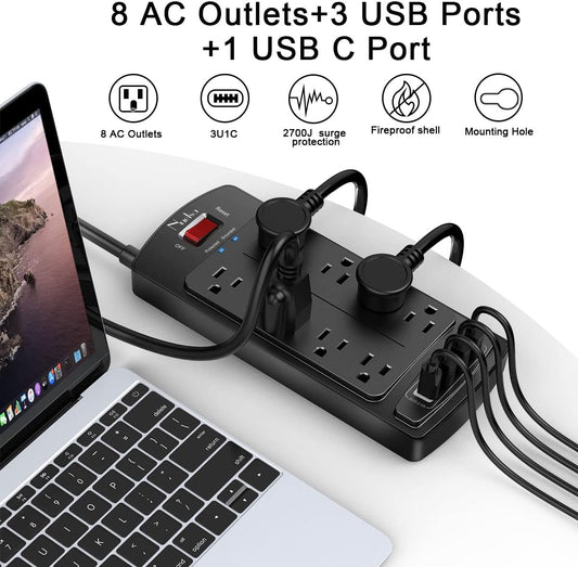 Surge Protector Power Strip - Nuetsa Flat Plug Extension Cord with 8 Outlets and 4 USB Ports, 6 Feet Power Cord (1625W/13A), 2700 Joules, ETL Listed