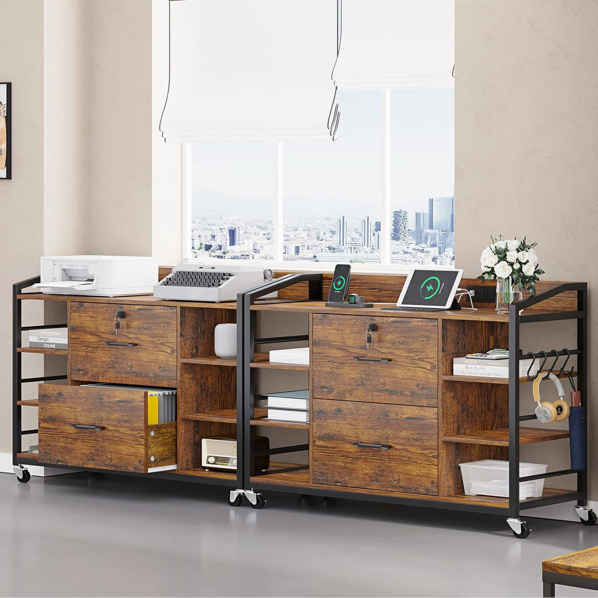 SEDETA 44" File Cabinet, Filing Cabinet fits Legal/Letter Size, 2 Drawer File Cabinets for Home Office with Lock, Power Strip, 6 Storage Shelves