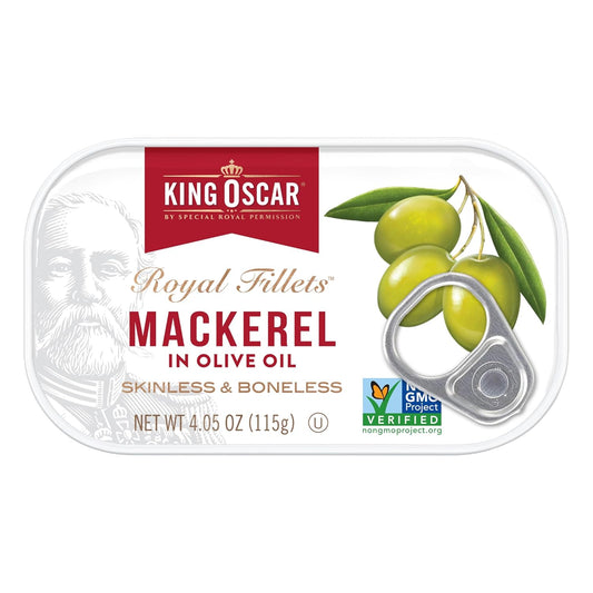 King Oscar Mackerel in Olive Oil, 4.05 Ounce Can (Pack of 6, Packaging May Vary), Skinless & Boneless, Wild Caught Canned Mackerel