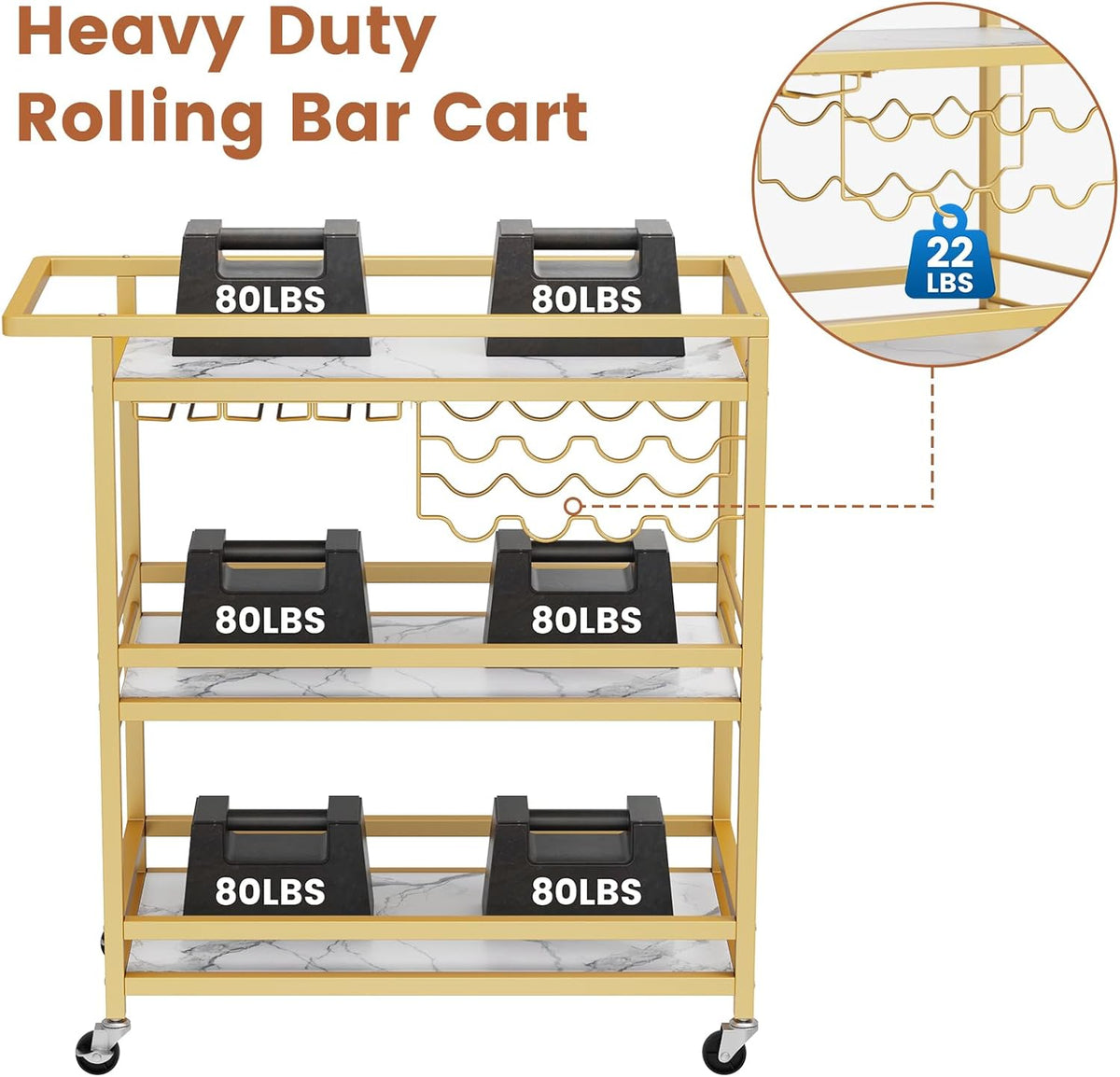 Leteuke Bar Cart for Home, 3 Tier Gold Serving Rolling Carts with Wheels, Drink Cart, Liquor Stand with Marbled Wooden Shelves, Wine Rack and Glass