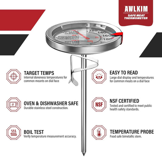 2 Pack Stainless Steel Meat Thermometer, Safe Leave in Oven, 2.5-in Extra-Large Dial Food Thermometer for Cooking, Temperature Probe for Baking