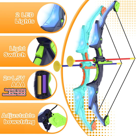 2 Pack Kids Bow and Arrow Set with LED Flash Lights, 14 Suction Cup Arrows and Fluorescence Standing Target-Perfect Indoor and Outdoor Game Archery