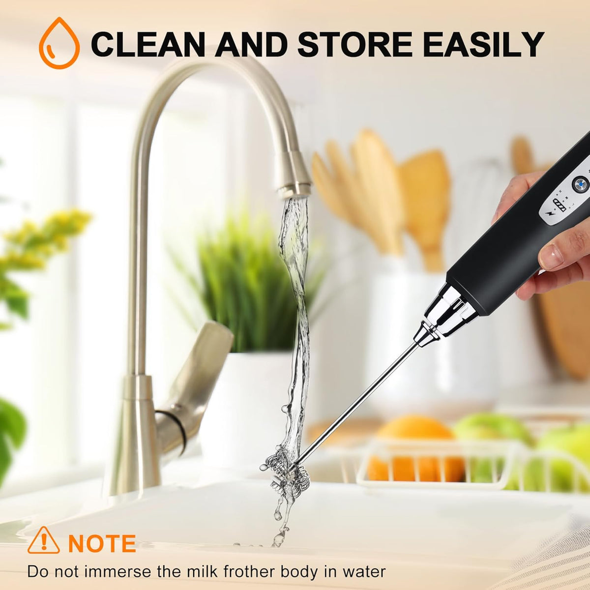 YUSWKO Black Handheld Milk Frother Wand for Coffee, Rechargeable Electric Whisk with 3 Heads 3 Speeds Drink Mixer Coffee Frother For Latte