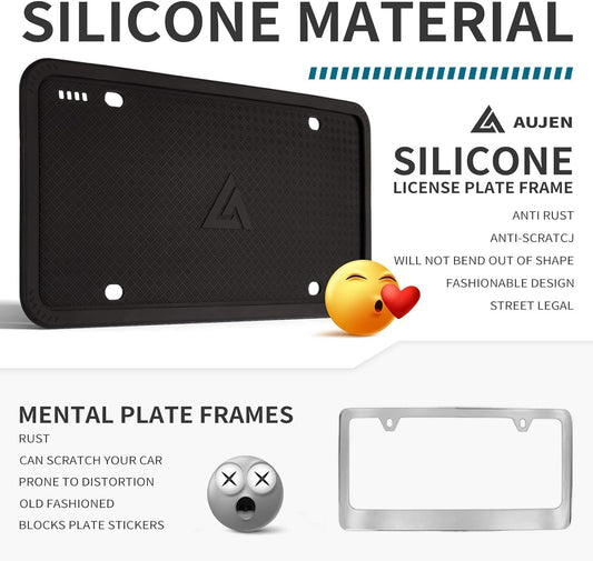Aujen Silicone License Plate Frames Black, 2 Pack Car License Plate Frame, Universal US Black License Plate Holders Brackets Rust-Proof, Weather