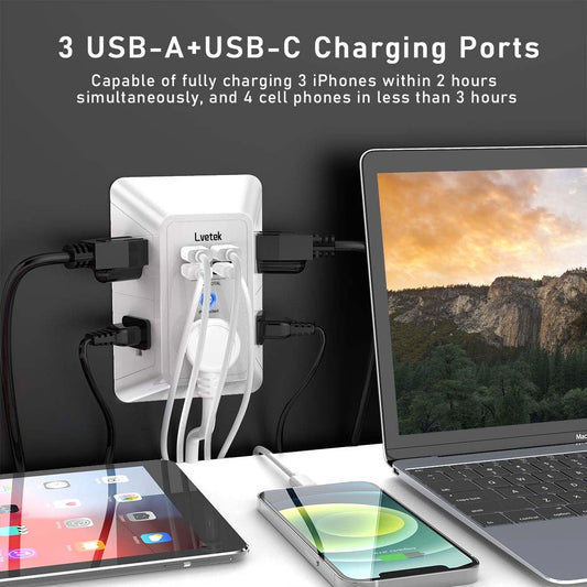 5 Outlet Extender Multi Plug Wall Outlets with 4 USB Charging Ports (1 USB C Outlet), 3 Sided 1680J Surge Protector Power Strip USB Wall Charger for