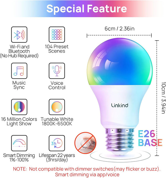 Linkind Smart Light Bulbs, Smart Bulb That Work with Alexa & Google Home, LED Light Bulbs Color Changing, 104 Preset Scene, Music Sync, A19 E26