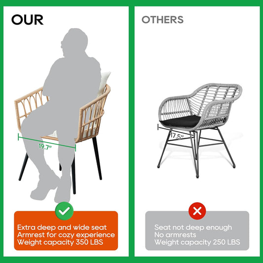3 Piece Patio Bistro Set, Outdoor Wicker Apartment Balcony Furniture Sets, Rattan Table and Chairs Set of 2 for Porch Backyard Lawn Poolside Deck