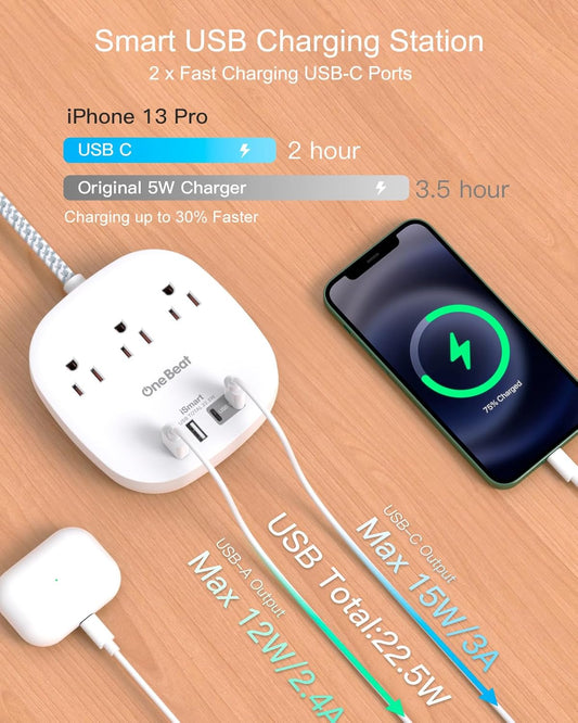 Flat Plug Power Strip, 6ft Ultra Flat Extension Cord - 3 Outlets 4 USB Ports (2 USB C) 22.5W/4.5A Desktop Charging Station, Power Strip No Surge