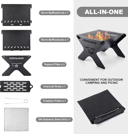 Odoland Camping Campfire Grill, Portable Folding Charcoal Grills, Backpacking BBQ Grill, Heavy Duty Firepit Grill with Carry Bag for Outdoor Cooking