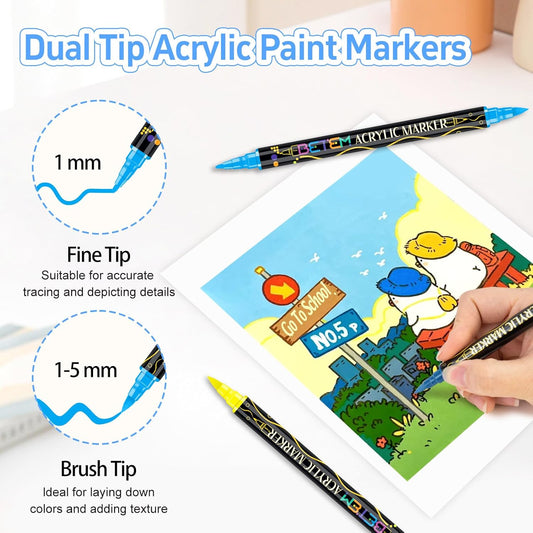 Betem Acrylic Paint Markers, Dual Tip 24 Colors Acrylic Paint Pens with Brush Tip and Fine Point, Art Supplies for Rock, Wood, Canvas, Stone, Glass