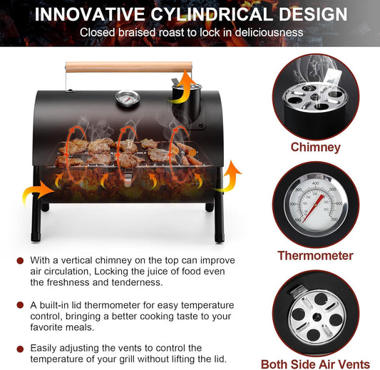 Joyfair Portable Charcoal Grill with Thermometer, Small Tabletop Barbecue Grill for Outdoor Camping Backyard Party BBQ Cooking, Extra Thick Steel