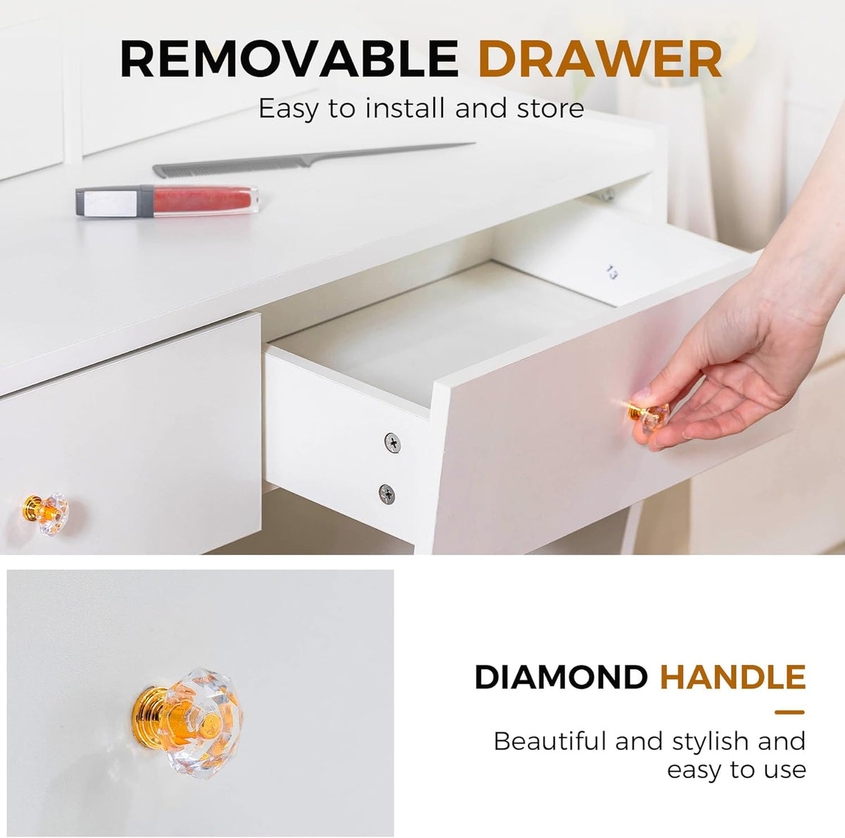 COMHOMA Makeup Vanity Desk with Mirror and Lights, Vanity Table and Chair Set with 5 Drawers and Charging Station, Bedroom Dresser LED Mirror
