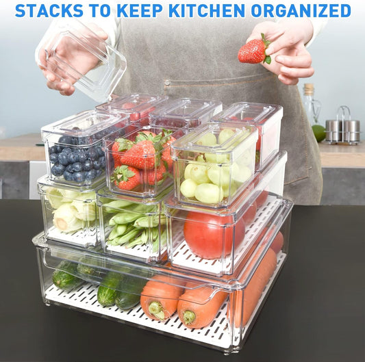 Pomeat 10 Pack Fridge Organizer, Stackable Refrigerator Bins with Lids, BPA-Free Produce Fruit Storage Containers for Fridge, Clear for Food, Drinks
