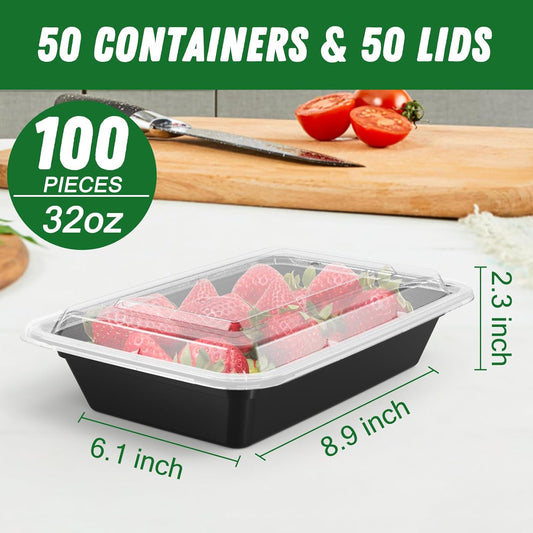 50 Pack (100-Piece) 32 oz Meal Prep Containers Reusable with Easy Open Lids, Sturdy Leakproof Food Safe, Microwave Freezer Dishwasher Safe, To Go