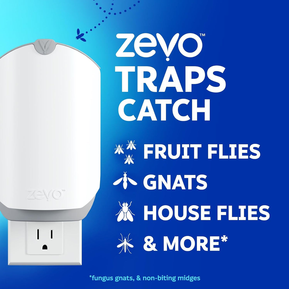 Zevo Flying Insect Trap & Cartridge - Plug in Fly Trap & Indoor Bug Catcher for Gnats, House & Fruit Flies - Mess-Free - Use in Any Room - Uses Blue