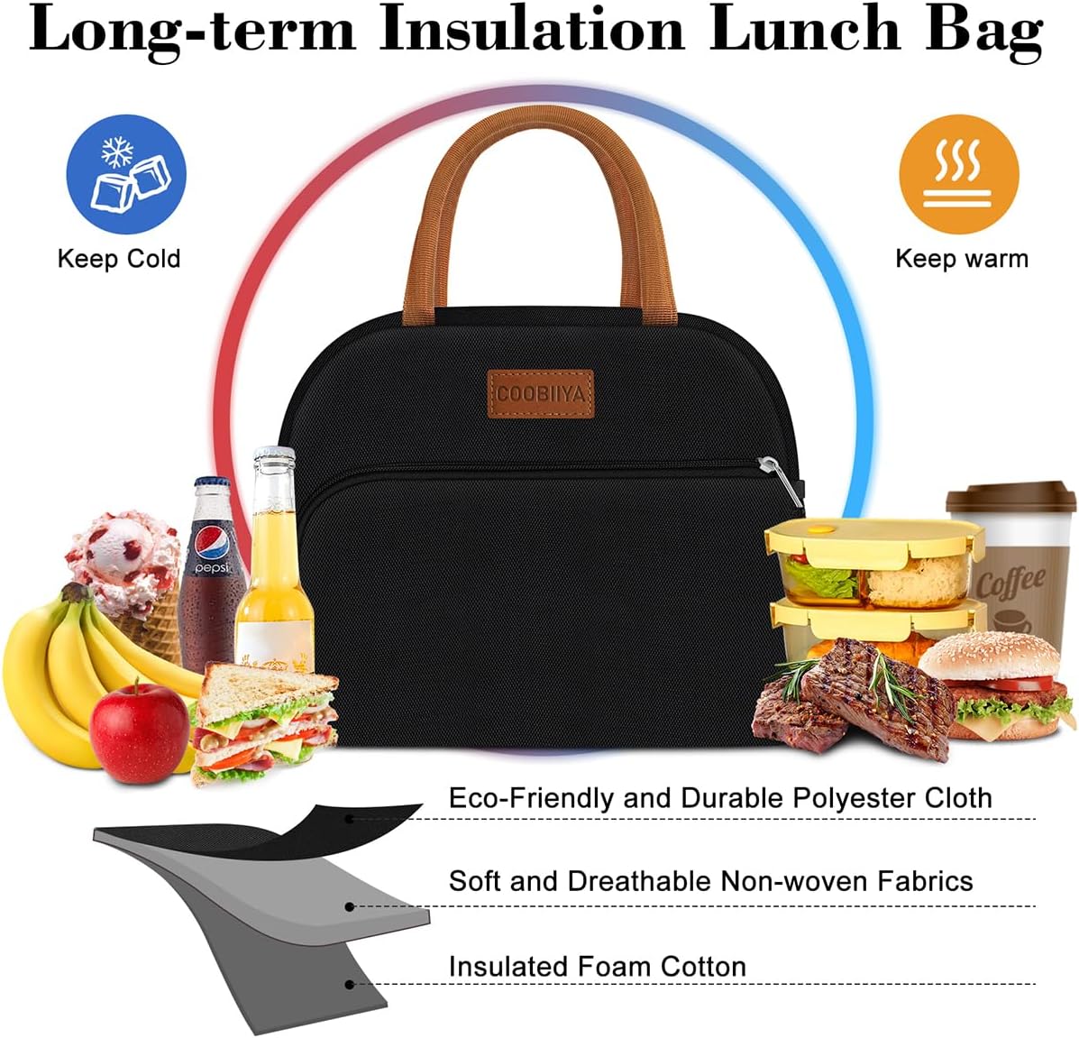 Coobiiya Lunch Box Lunch Bag for Women Adults Men, Reusable Cute Lunch Pail bag - Leakproof, Insulated Lunch Box Tote with Large Capacity, Cooler