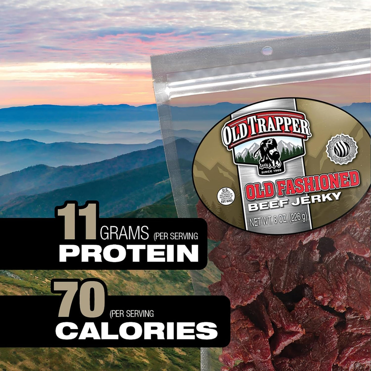 Old Trapper Beef Jerky, Old-Fashioned 8 Ounce Bag, Tender Meat Snacks for Lunches or Between Meals, 11 Grams of Protein, Zero Grams of Fat, and 70