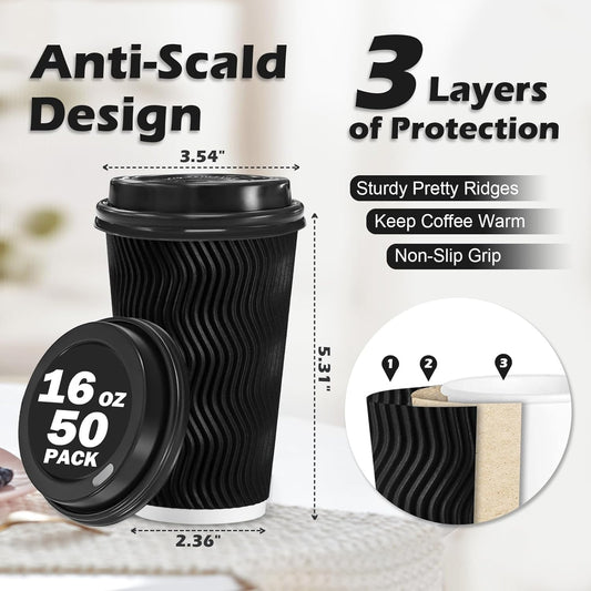 Lamosi 16 oz Disposable Coffee Cups with Lids, 50 Pack Insulated Hot Cups To Go Paper Coffee Cups with Lids and Straws, Corrugated Ripple Wall Cup