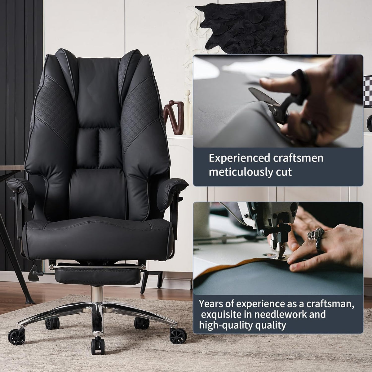 Big and Tall Office Chair 400lbs Wide Seat, Leather High Back Executive Office Chair with Foot Rest, Ergonomic Chairs Lumbar Support for Lower Back
