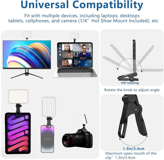 ALTSON 60 LED Portable Selfie Light Video Conference Lighting with Clip & Camera Tripod Adapter Rechargeable 2200mAh CRI 97+, 3 Light Modes for Phone