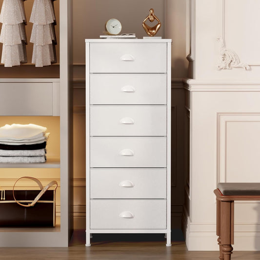 Furnulem White Tall Dresser for Bedroom,Vertical Storage Tower Unit and End Table with 6 Fabric Drawers, Nightstand Furniture with Drawer Organizer