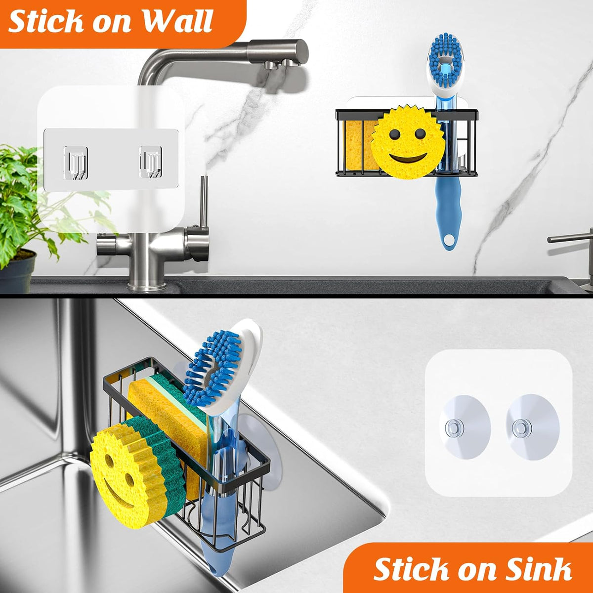 Sponge Holder Smiley Face, Sink Caddy for kitchen Sink, Kitchen Organizer Sponge Holder with 2 PCS Suction Cups/1 PCS Adhesive Strips, Designed for