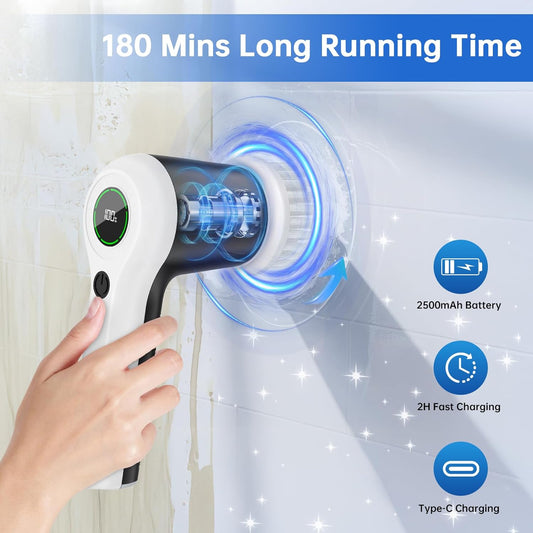 Electric Spin Scrubber, Cordless Shower Scrubber with Battery Level Display, 2 Speeds Electric Scrubber for Cleaning with 6 Replaceable Heads