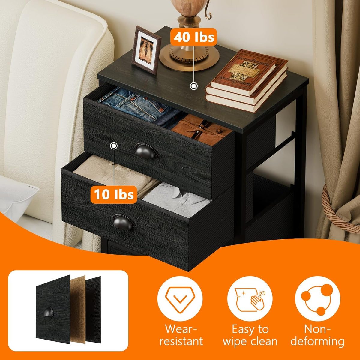 Furnulem Tall Dresser with 6 Drawers,Vertical Bedside End Table & Chest for Bedroom,Black Storage Tower Dorm Nightstand with Fabric Drawer Organizer