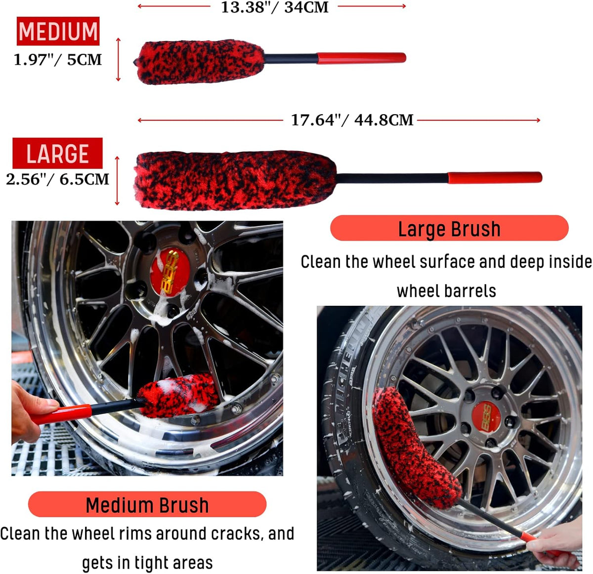 Professional 4 Pack Long Handle Wheel Brush Kit for Cleaning Wheel and Tire- 2X Soft Wheel Cleaning Brush, Detailing Brush and Stiff Tire Brush