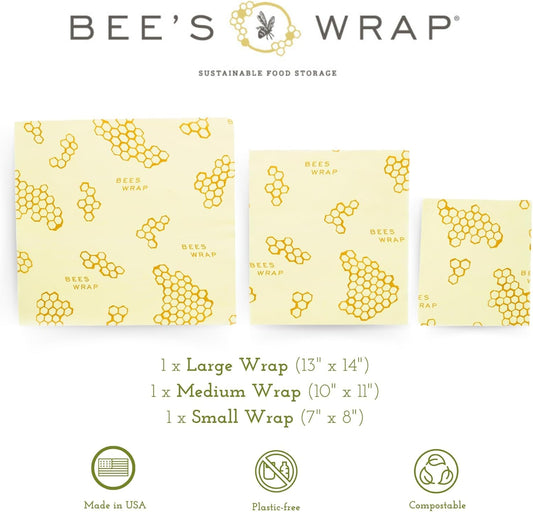 Bee's Wrap Beeswax Wraps for Food - Honeycomb 3 Pack (S, M, L) Made in USA Reusable & Organic Food Wraps, Sandwich Wrap & Bowl Covers - Eco-Friendly