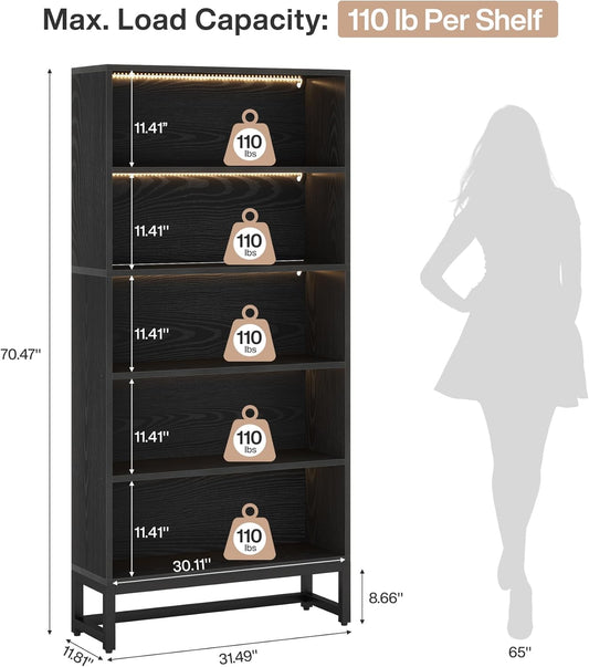 Tribesigns Tall Bookcase Black Bookshelf, 70.8” Large Bookcases Organizer with LED Lights, Heavy Duty Free-Standing Library Bookshelf with 5-Tier