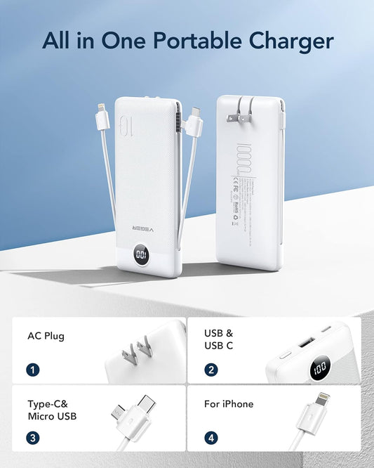 VEGER Portable Charger for iPhone Built in Cables and Wall Plug, 10000mah Slim Fast Charging USB C Power Bank, Travel Essential Battery Pack