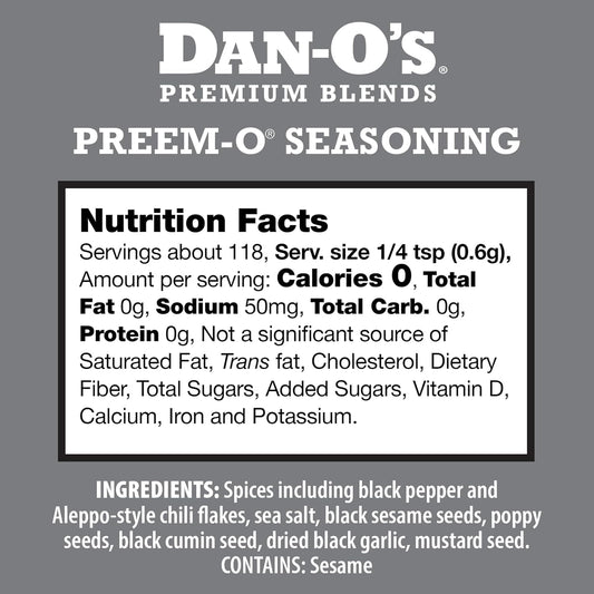 Dan-O's Preem-O Seasoning, 2.5 oz Bottle, Meat Seasoning for Steak, Ribs, Chicken, Brisket and More, Sugar Free, Zero Calorie, Use this Spice Blend