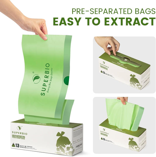 SUPERBIO 13 Gallon Compostable Drawstring Kitchen Waste Bag, 49.2 Liter, 30 Count,1 Mil, Heavy Duty Food Scrap Bags, BPI, Seedling and OK compost