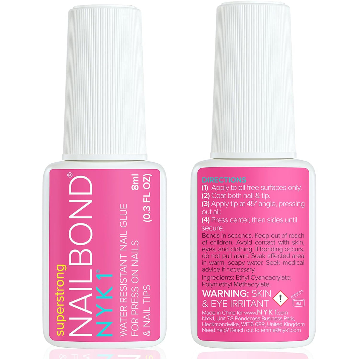 Super Strong Nail Glue for Press On Nails, Nail Tips & Acrylic Nails (8ml) NYK1 NailBond Brush On Glue for Press Ons, Tips & Acrylics - Long Lasting