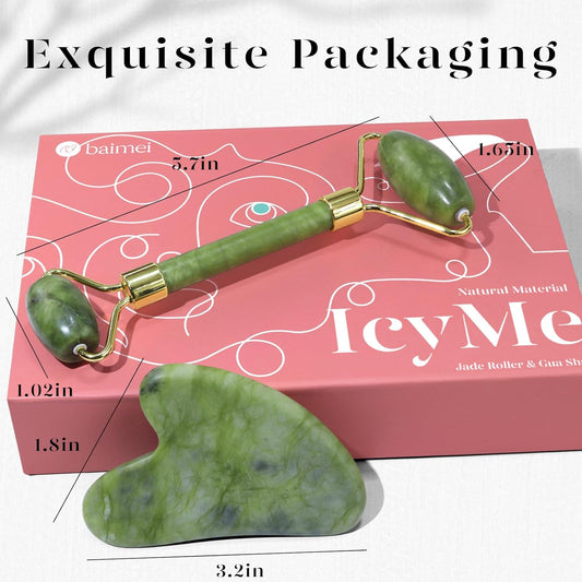 BAIMEI IcyMe Gua Sha & Jade Roller Facial Tools Face Roller and Gua Sha Set for Puffiness and Redness Reducing Skin Care Routine, Self Care Gift