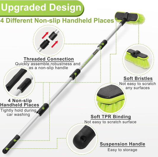 65”165cm Car Wash Brush Long Handle Soft Bristle Scrub Cleaning Mop with 4 Hand-held Places Extendable Washing Brushes Broom Kit for RV Boat Truck