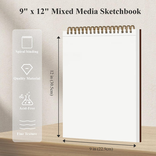 Mixed Media Sketchbook 9" x 12" - Multimedia Sketchbook Hardcover, Spiral Bound, 60 Sheets 98lb/160gsm Mixed Media Paper, Watercolor Sketch Books for