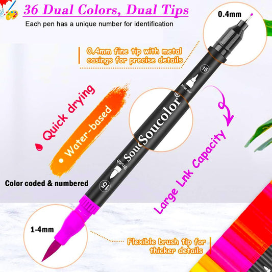 Soucolor Art Brush Markers Pens for Adult Coloring Books, 36 Colors Numbered Dual Tip (Brush and Fine Point) Marker Pen for Kids Note taking Planner